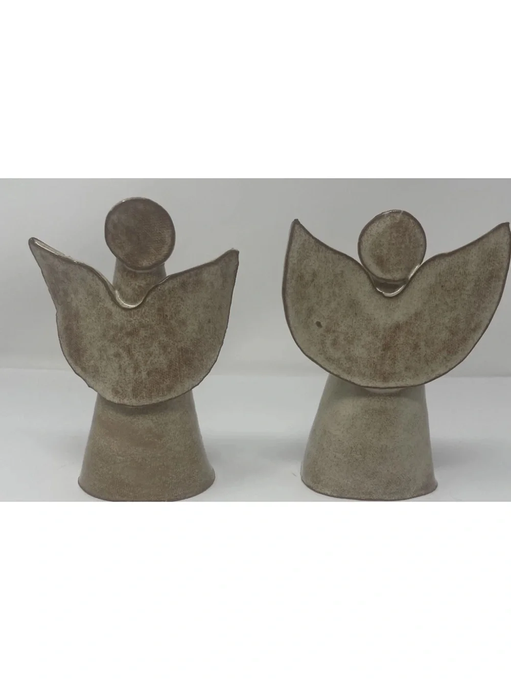 Pair Handmade Studio Pottery Ceramic Angels Folk Art Shell Detail Rustic Decor